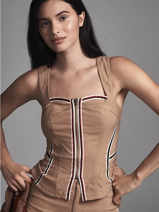 Maeve Tops - Maeve Tan Zip-Front Corset Tank with Contrast Stripes